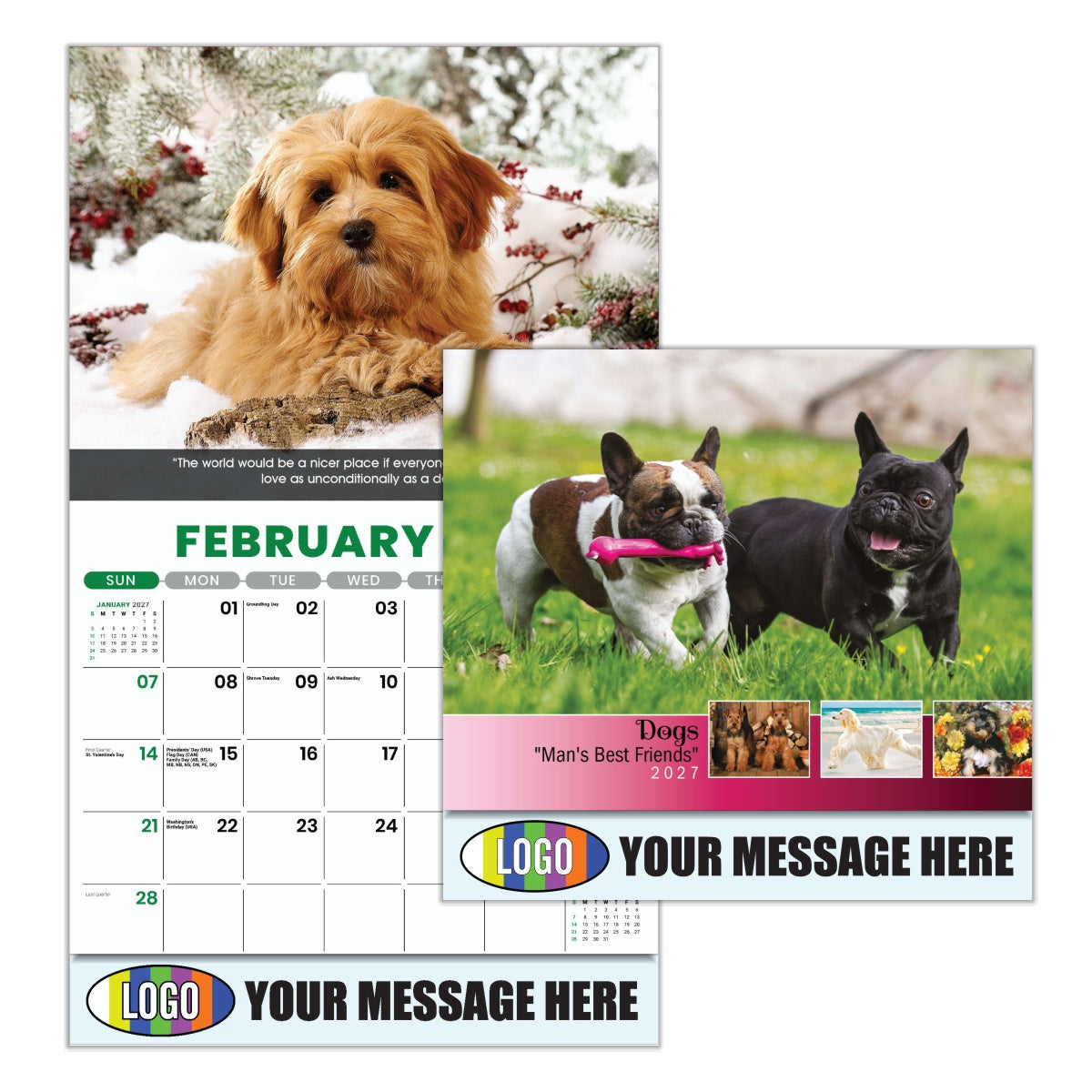 Two calendar pages with dogs, one for February showing a dog on a log, and the other with two dogs in grass.