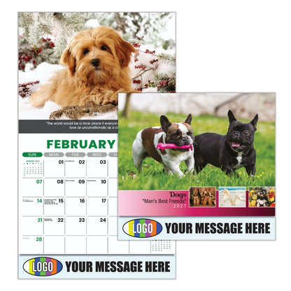 Two calendar pages with dogs, one for February showing a dog on a log, and the other with two dogs in grass.