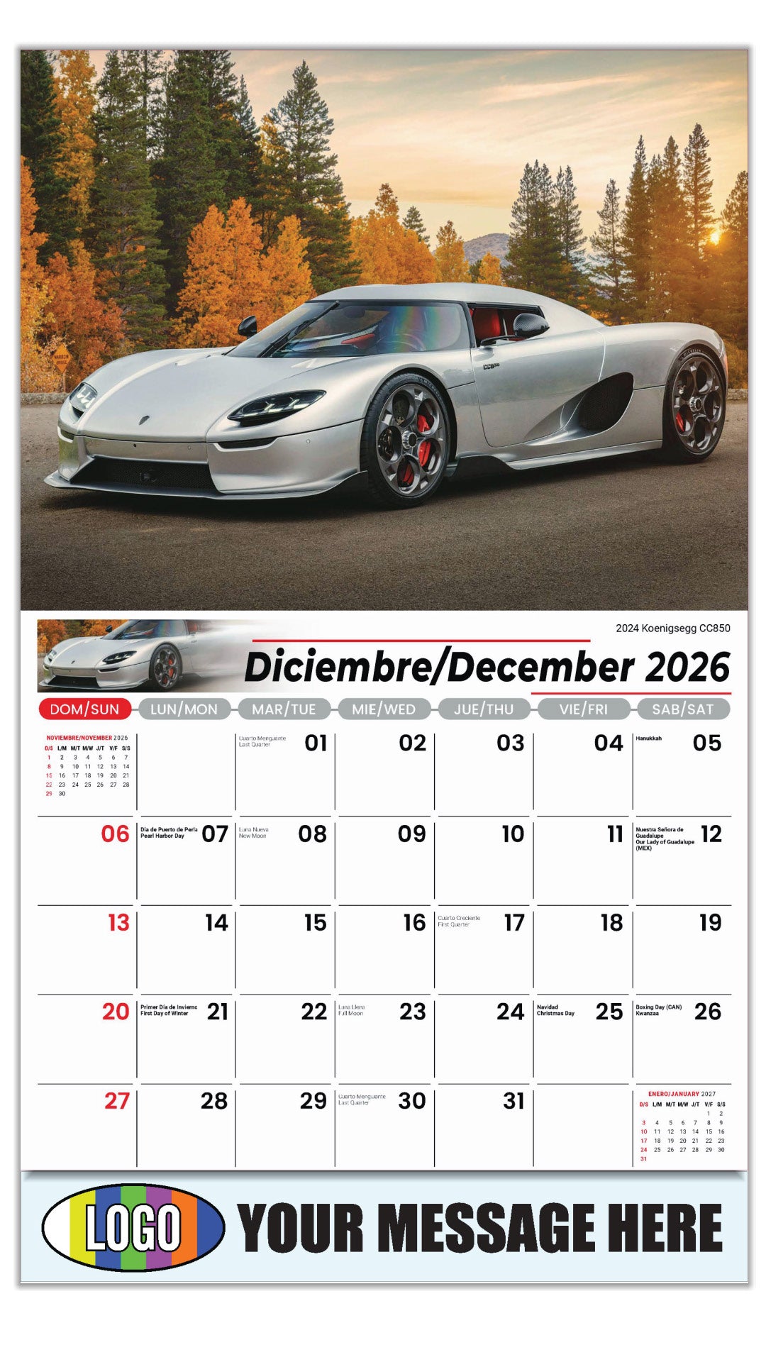 2027 Business Promotional Calendar - Exotic Cars Bilingual - December_a - 2024 Koenigsegg CC850