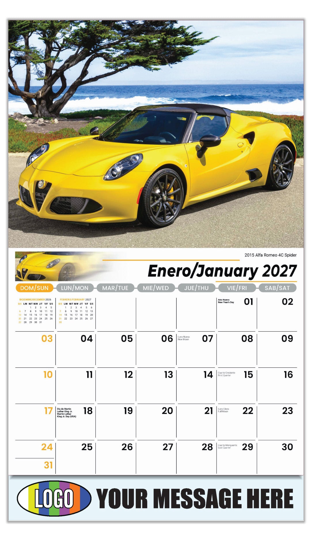 2027 Business Promotional Calendar - Exotic Cars Bilingual - January - 2015 Alfa Romeo 4C
