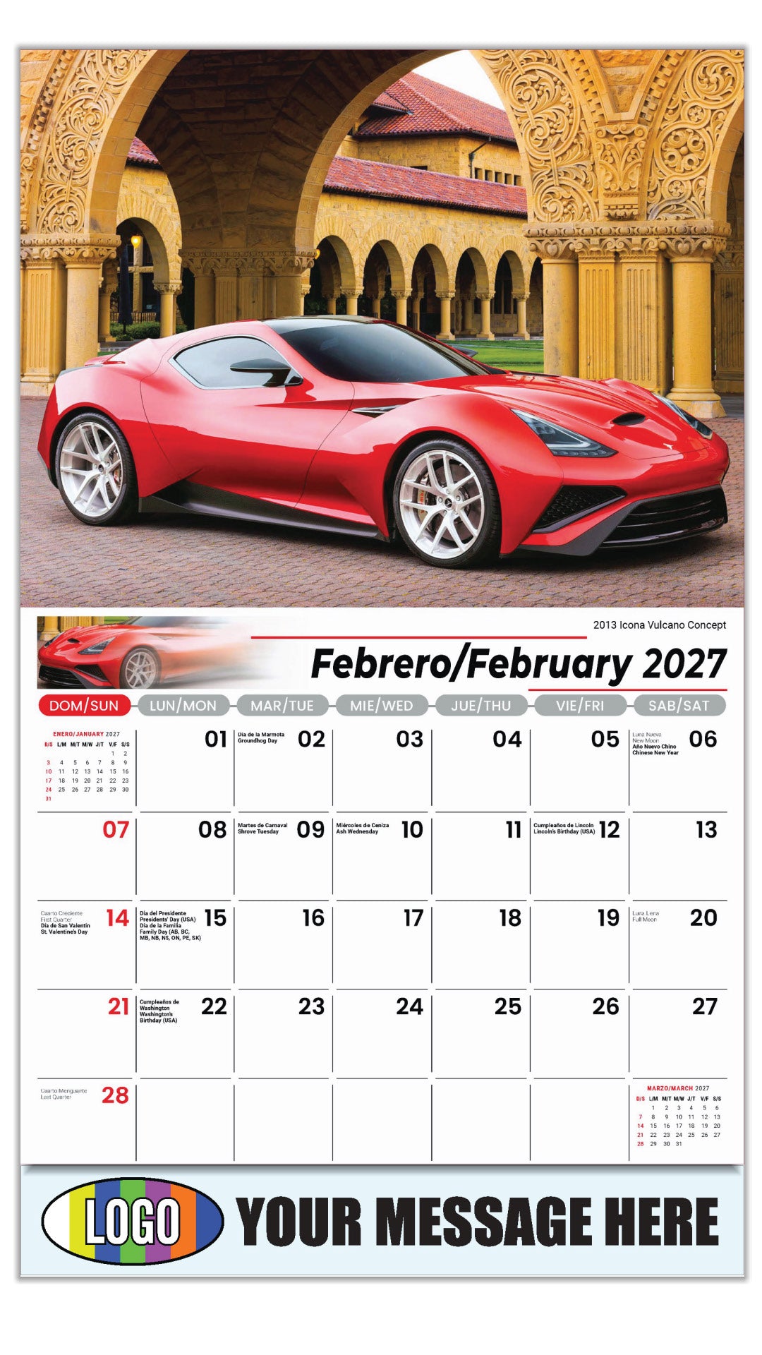 2027 Business Promotional Calendar - Exotic Cars Bilingual - February - 2013 Icona Vulcano Concept
