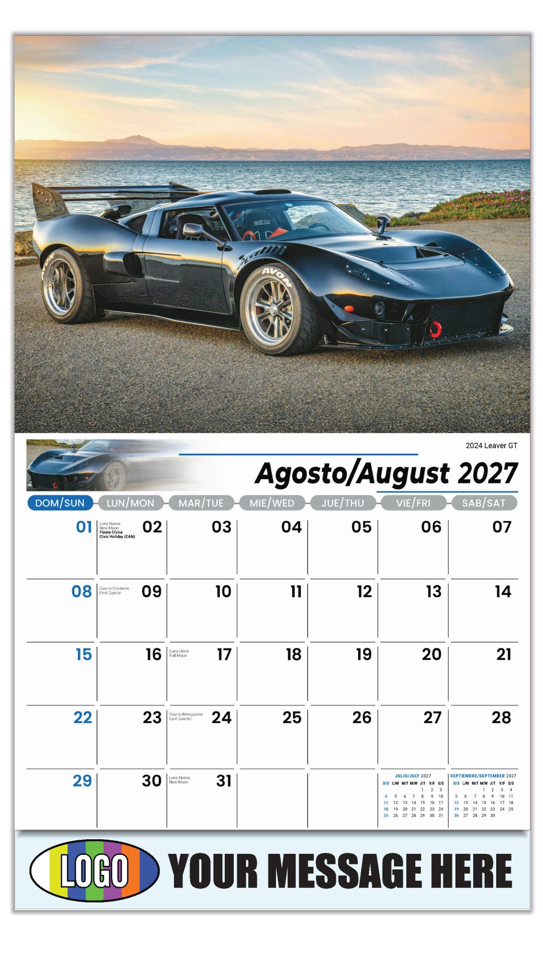 2027 Business Promo Calendar - Exotic Cars Bilingual - August - 2024 Leaver GT