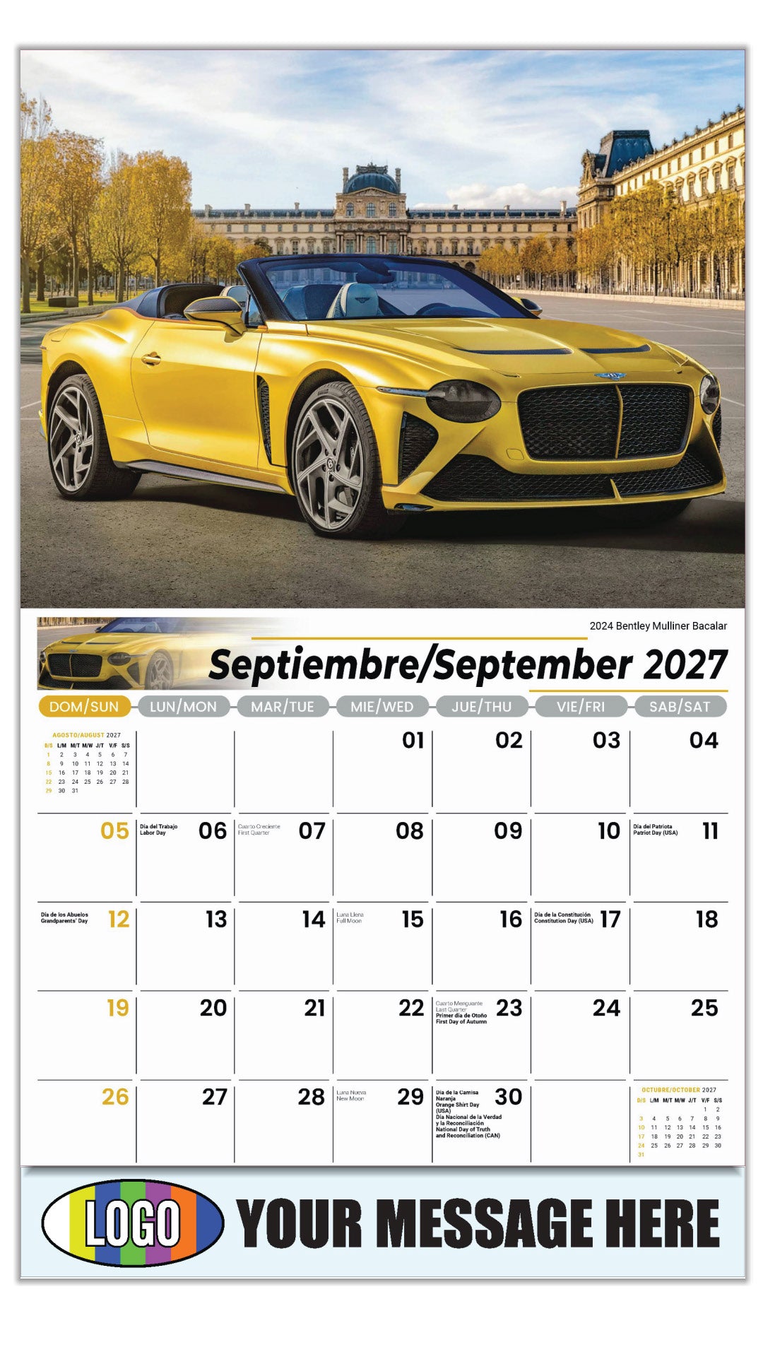 2027 Business Promo Calendar - Exotic Cars Bilingual - September - 2024 Bentley Mulliner Bacalar