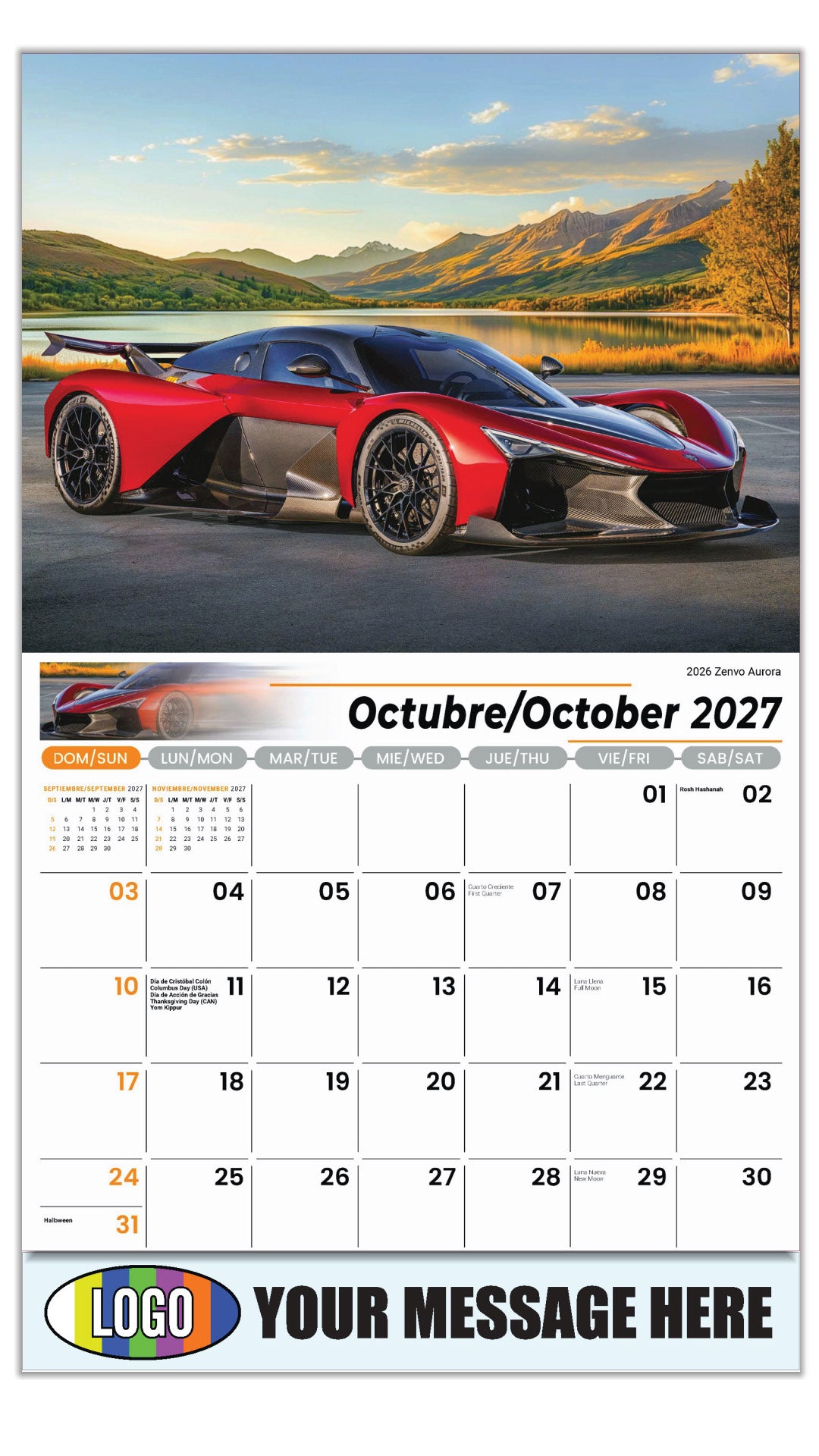 2027 Business Promotion Calendar - Exotic Cars Bilingual - October - 2026 Zenvo Aurora