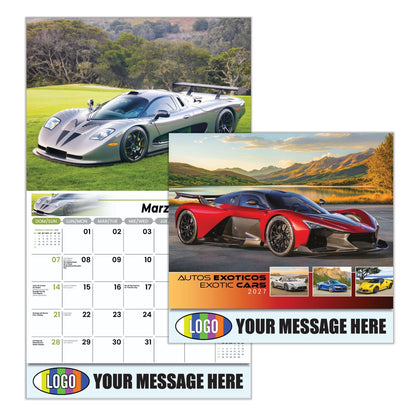 Spanish-English Calendar with exotic car images and customizable text area on a white background