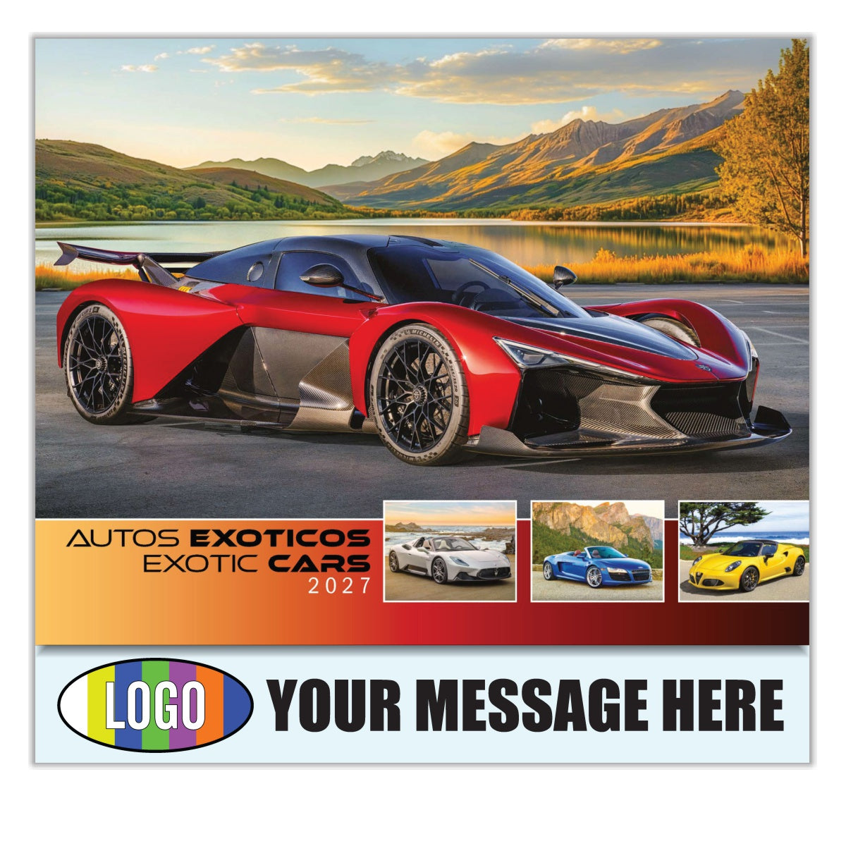 2027 Business Promotional Calendar - Exotic Cars Bilingual - Printed with your Logo, Name and message