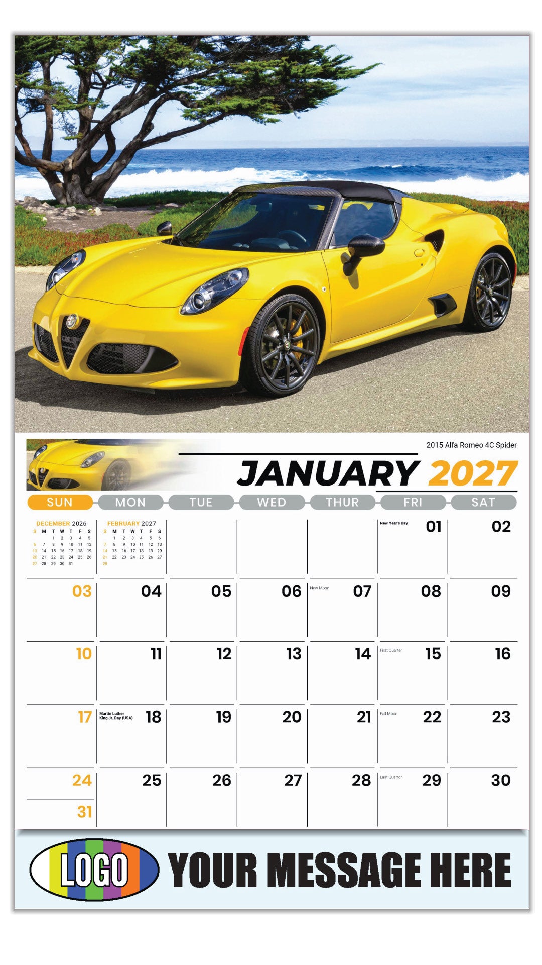 2027 Business Promotional Calendar - Exotic Cars - January - 2015 Alfa Romeo 4C