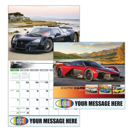 Calendar with exotic car images and customizable text area
