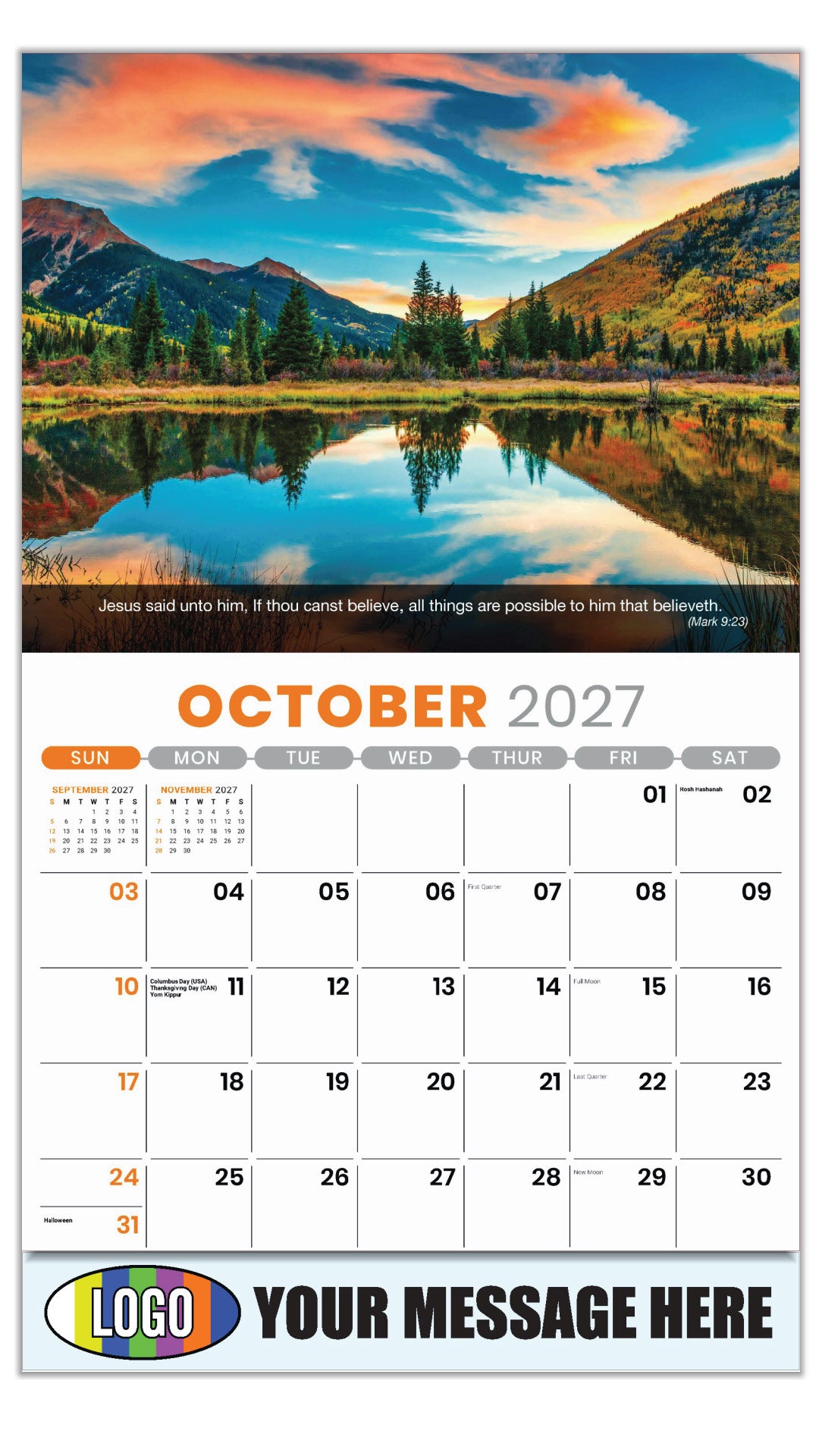 2027 Business Promotion Calendar - Faith Passages - October - (Mark 9:23)