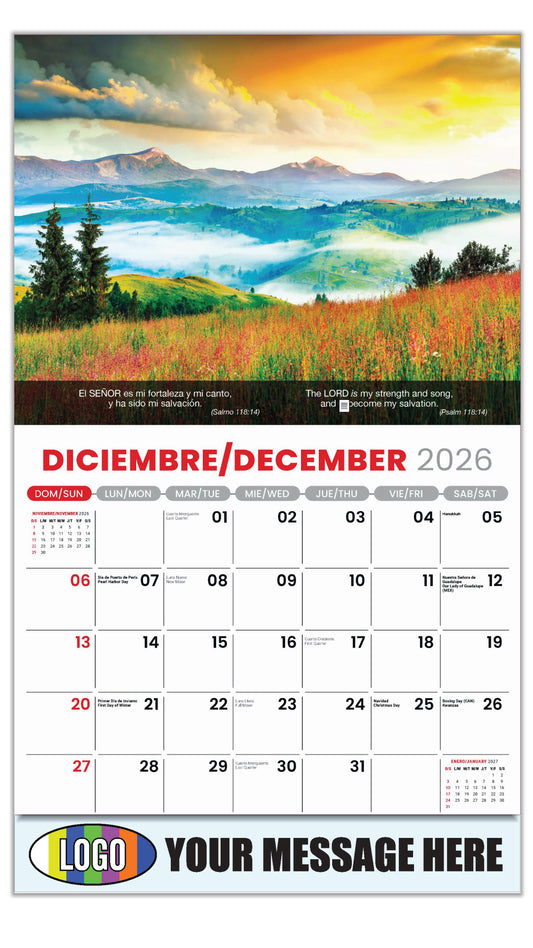 2027 Business Promotional Calendar - Faith Passages Bilingual - December_a - (Salmos 118:14)