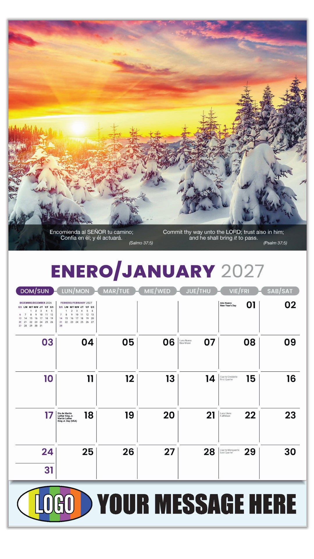 2027 Business Promotional Calendar - Faith Passages Bilingual - January - (Salmo 37: 5)