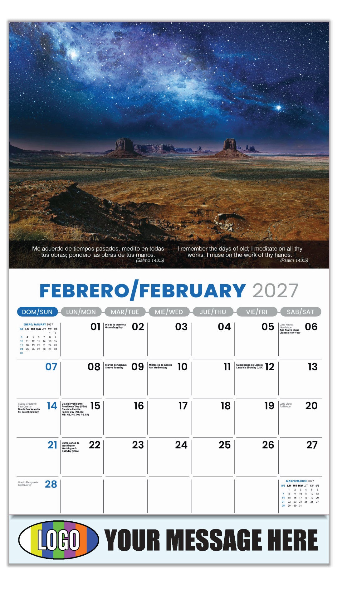 2027 Business Promotional Calendar - Faith Passages Bilingual - February - (Salmo 143:5)