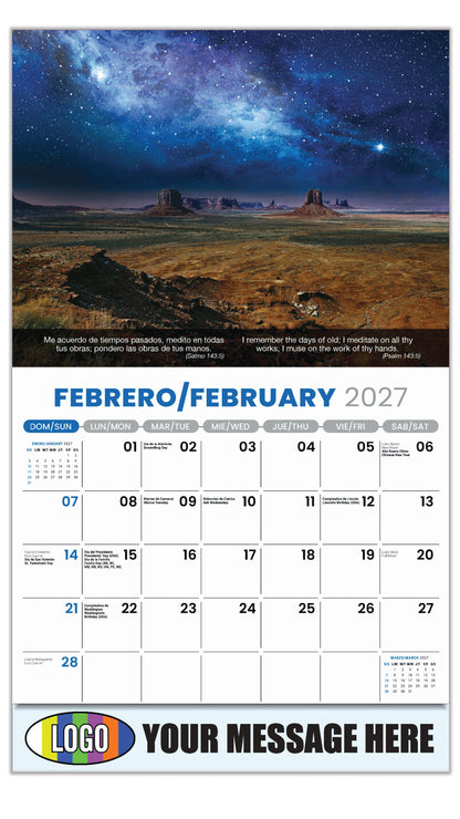 2027 Business Promotional Calendar - Faith Passages Bilingual - February - (Salmo 143:5)