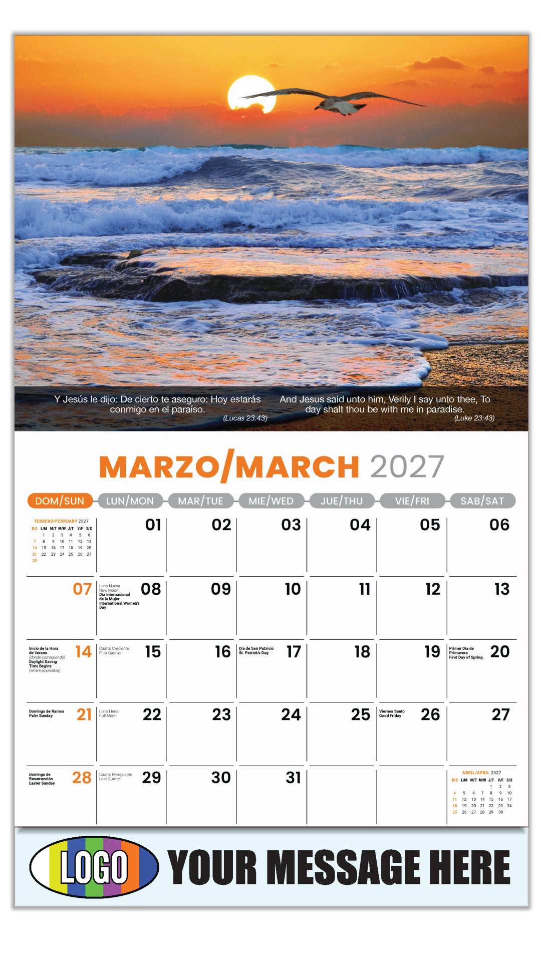 2027 Business Promotional Calendar - Faith Passages Bilingual - March - (Lucas 23:43)
