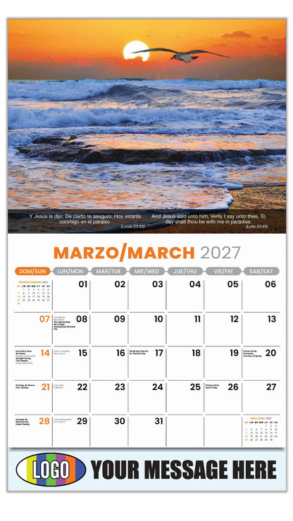 2027 Business Promotional Calendar - Faith Passages Bilingual - March - (Lucas 23:43)