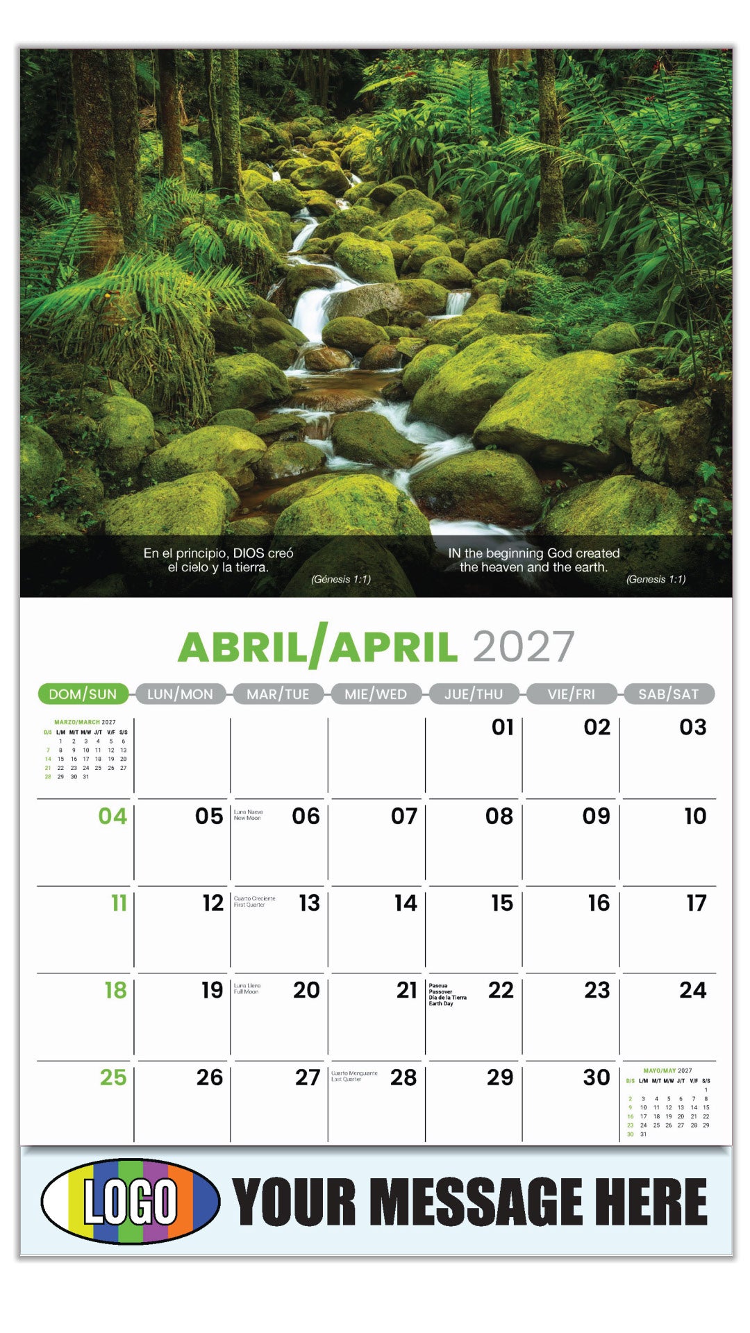 2027 Business Advertising Calendar - Faith Passages Bilingual - April - (Génesis 1:1)