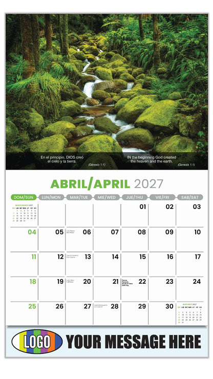 2027 Business Advertising Calendar - Faith Passages Bilingual - April - (Génesis 1:1)