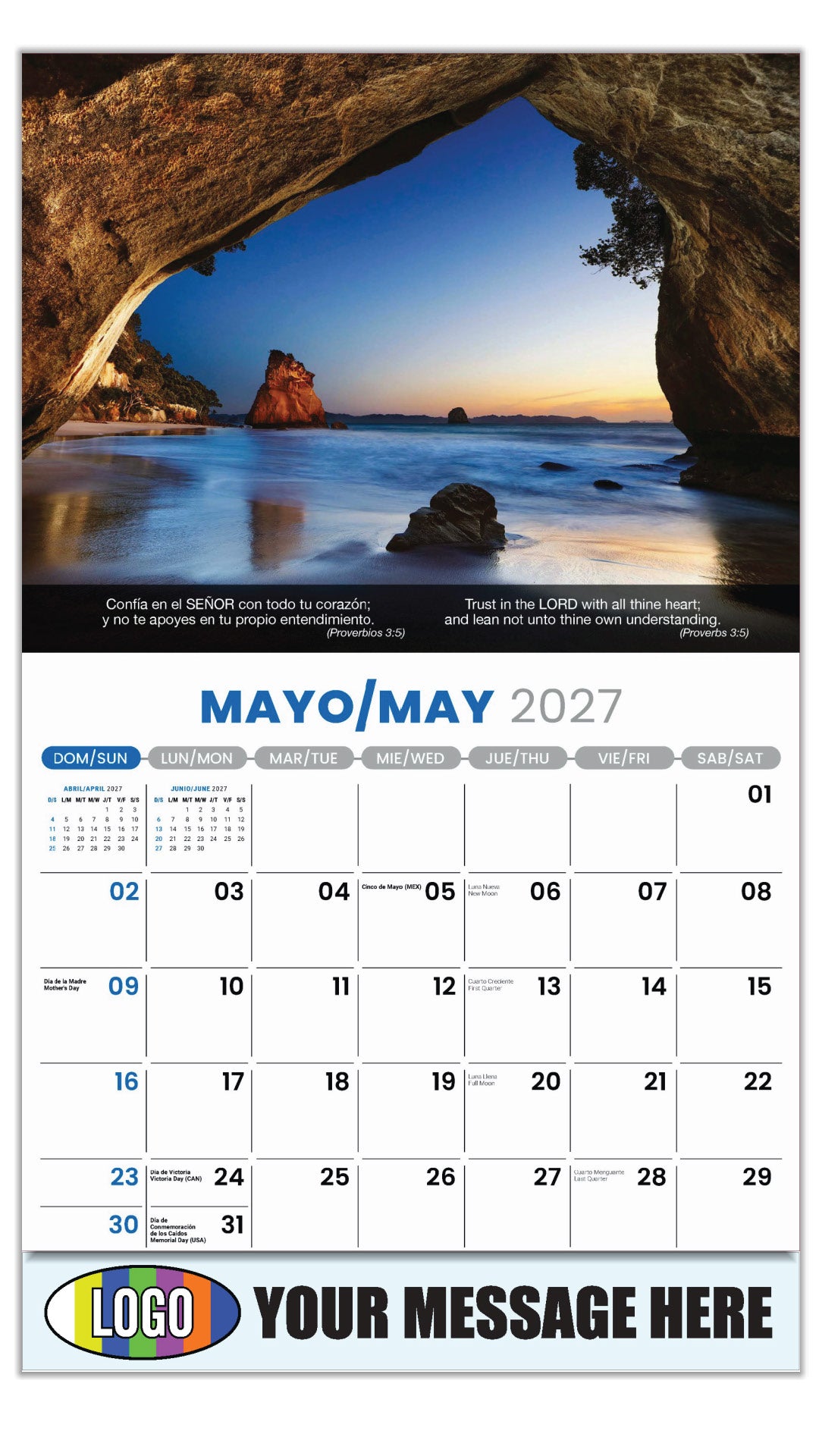 2027 Business Advertising Calendar - Faith Passages Bilingual - May - (Proverbios 3:5)
