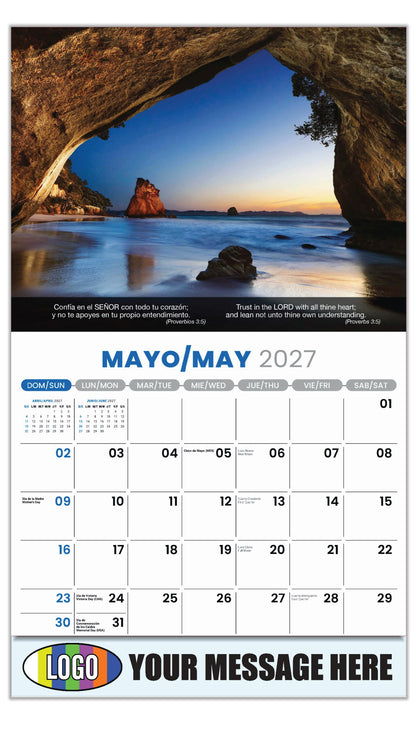 2027 Business Advertising Calendar - Faith Passages Bilingual - May - (Proverbios 3:5)
