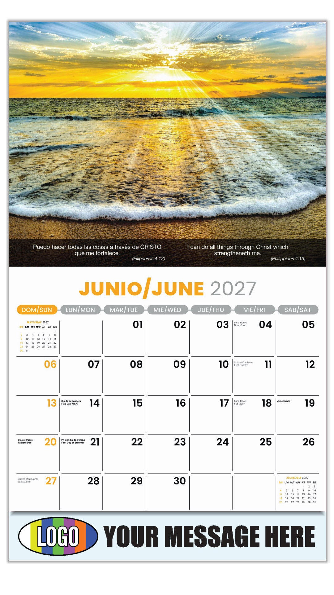 2027 Business Advertising Calendar - Faith Passages Bilingual - June - (Filipenses 4:13)