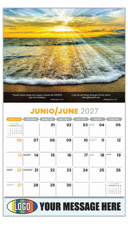 2027 Business Advertising Calendar - Faith Passages Bilingual - June - (Filipenses 4:13)