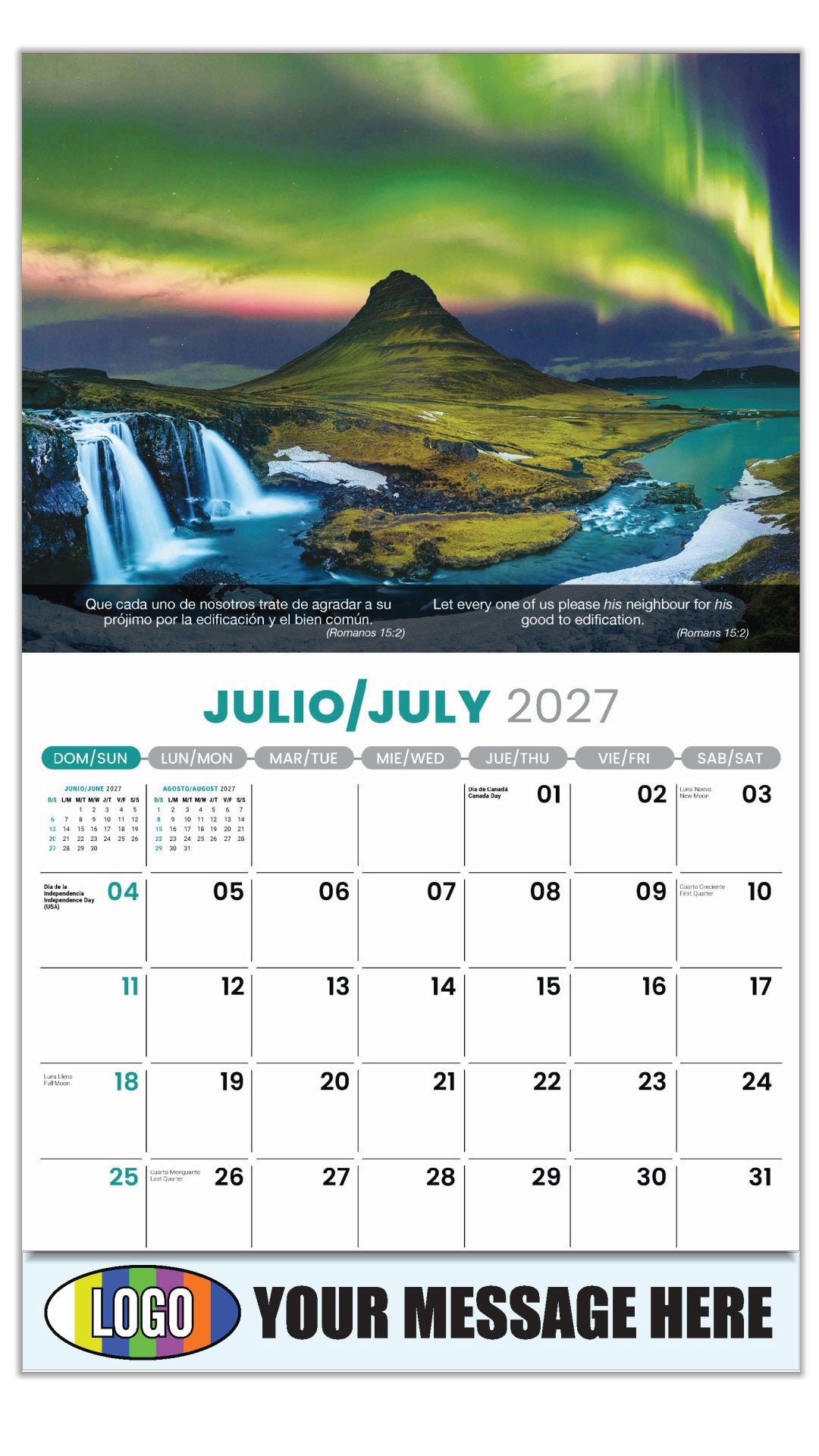 2027 Business Promo Calendar - Faith Passages Bilingual - July - (Romanos 15:2)