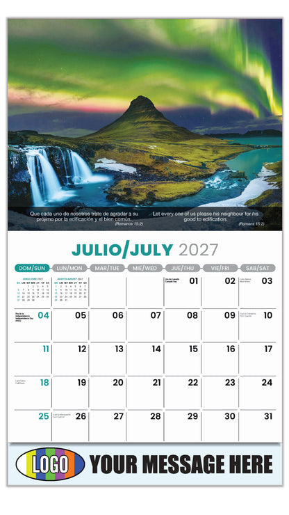 2027 Business Promo Calendar - Faith Passages Bilingual - July - (Romanos 15:2)
