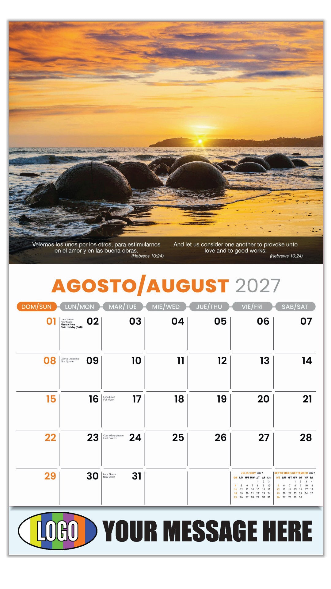 2027 Business Promo Calendar - Faith Passages Bilingual - August - (Hebreos 10:24)