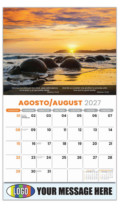 2027 Business Promo Calendar - Faith Passages Bilingual - August - (Hebreos 10:24)