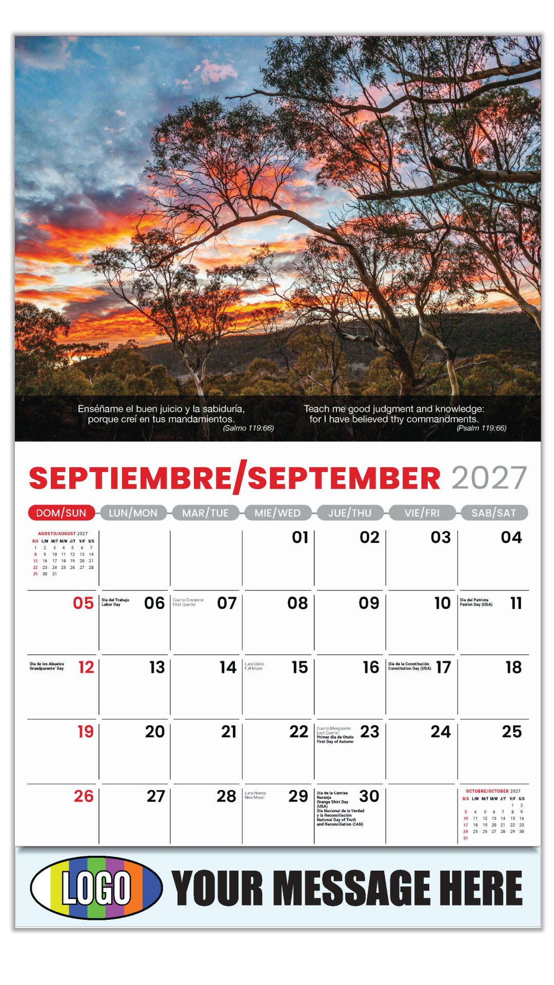 2027 Business Promo Calendar - Faith Passages Bilingual - September - (Salmo 119:66)