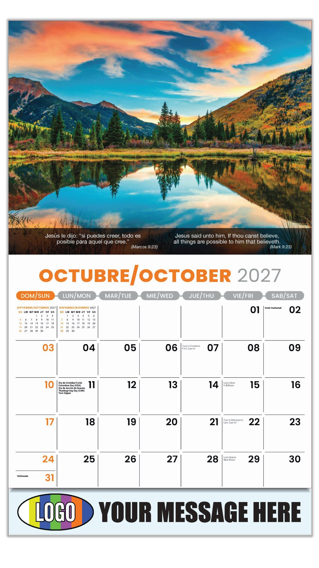 2027 Business Promotion Calendar - Faith Passages Bilingual - October - (Marcos 9:23)