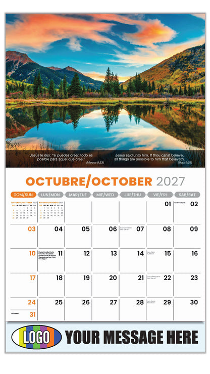 2027 Business Promotion Calendar - Faith Passages Bilingual - October - (Marcos 9:23)