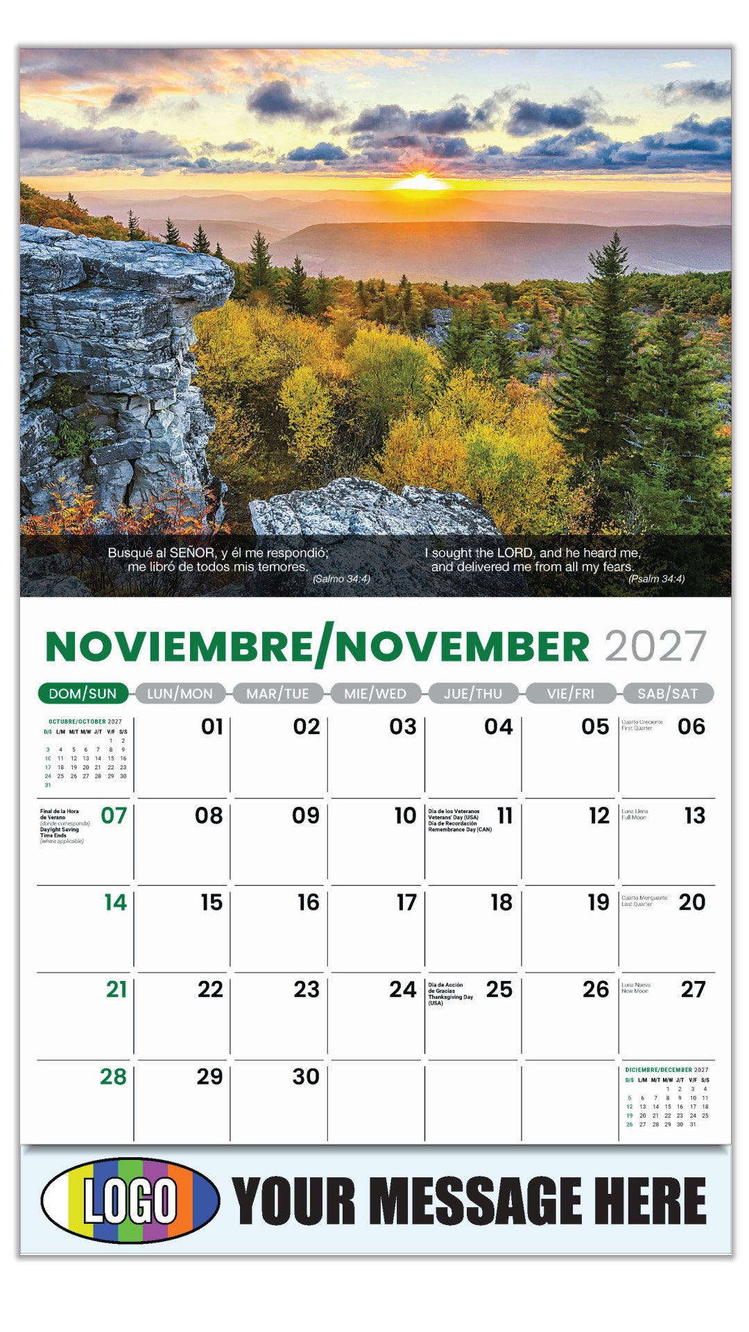 2027 Business Promotion Calendar - Faith Passages Bilingual - November - (Salmo 34:4)