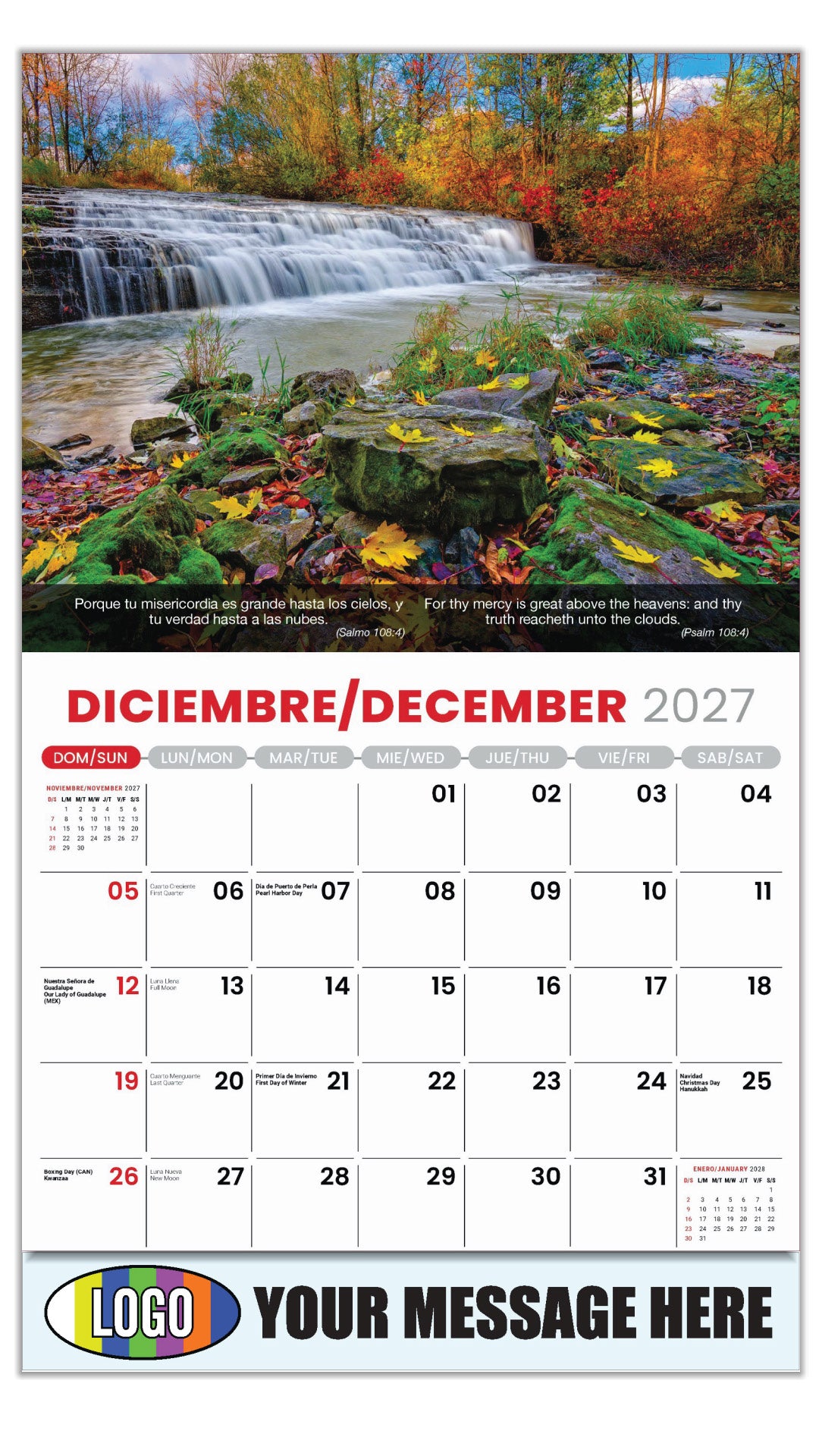 2027 Business Promotion Calendar - Faith Passages Bilingual - December - (Salmo 108:4)