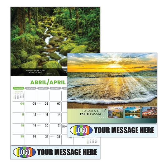 Faith calendars with nature-themed designs and Passages from King James Bible, and promotional text.