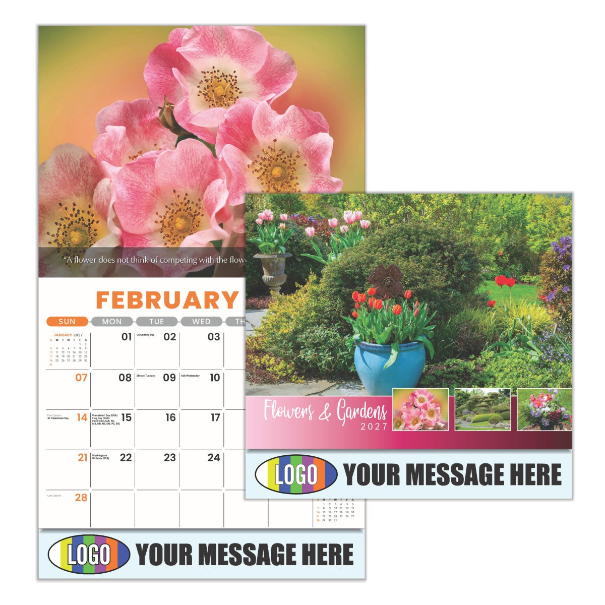 Calendar with floral design and customizable text area, featuring February and a garden scene.