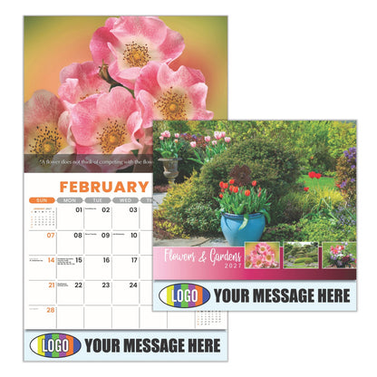 Calendar with floral design and customizable text area, featuring February and a garden scene.