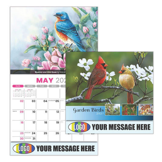 Calendar with bird illustrations and customizable text area, featuring a blue bird on a floral background.