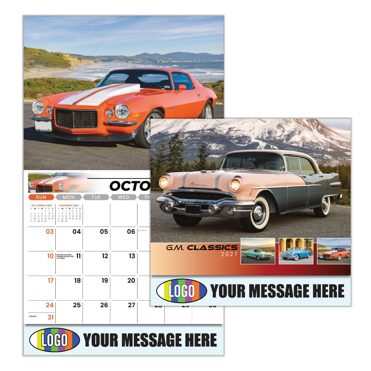 Calendar with vintage car images and customizable text area, featuring an orange and white car on a road and a pink and gray car on a mountain road.