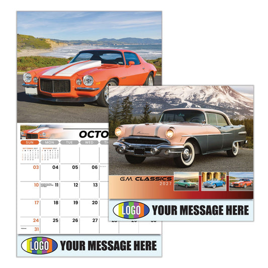 Calendar with vintage car images and customizable text area, featuring an orange and white car on a road and a pink and gray car on a mountain road.