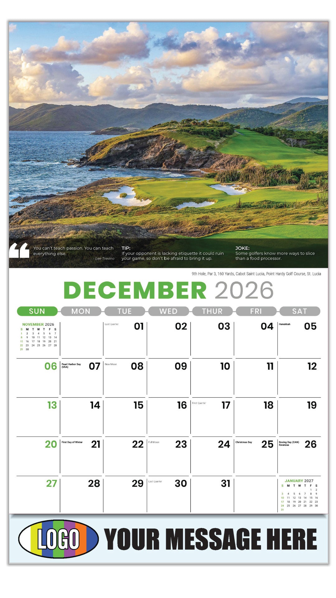 2027 Business Promotional Calendar - Golf Tips - 9th Hole, Par 3, 160 Yards, Cabot Saint Lucia (Point Hardy Golf Course), St. Lucia - December_a