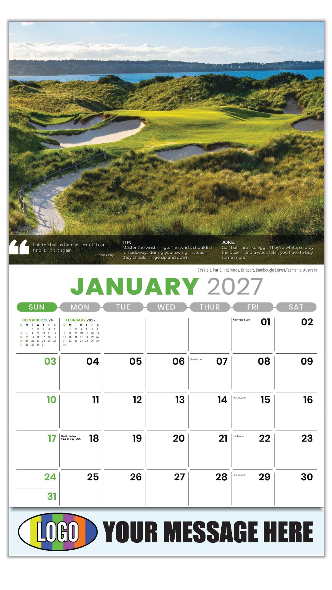 2027 Business Promotional Calendar - Golf Tips - 7th Hole, Par 3, 112 Yards. Bridport, Barnbougle Dunes,Tasmania, Australia  - January