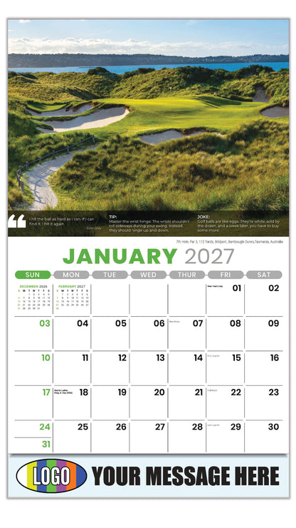 2027 Business Promotional Calendar - Golf Tips - 7th Hole, Par 3, 112 Yards. Bridport, Barnbougle Dunes,Tasmania, Australia  - January