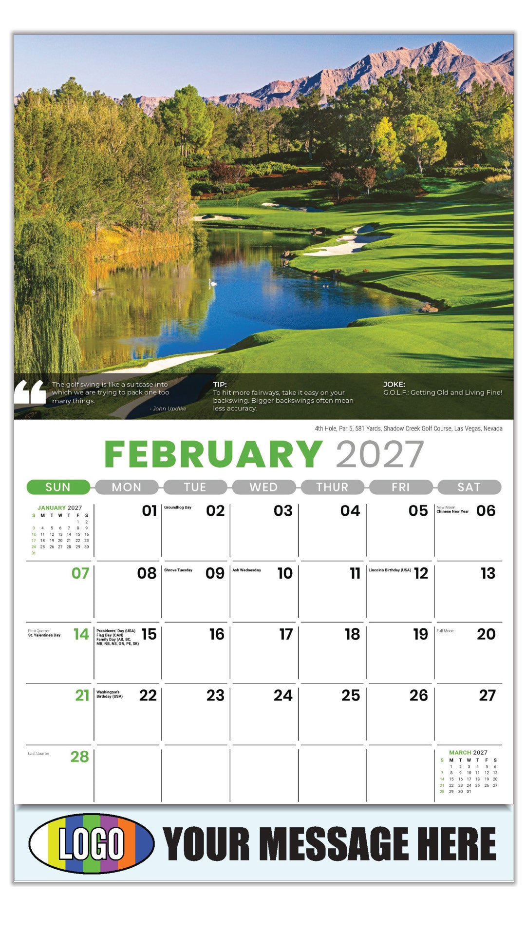 2027 Business Promotional Calendar - Golf Tips - 4th Hole, Par 5, 581 Yards, Shadow Creek Golf Club,  Las Vegas, Nevada - February