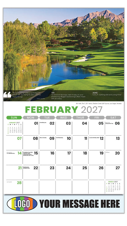 2027 Business Promotional Calendar - Golf Tips - 4th Hole, Par 5, 581 Yards, Shadow Creek Golf Club,  Las Vegas, Nevada - February