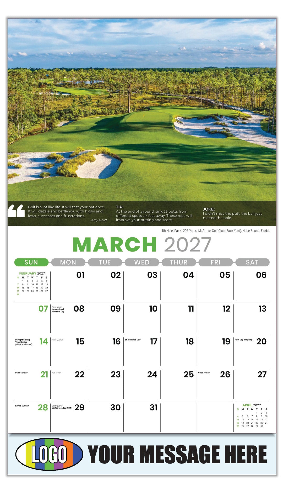 2027 Business Promotional Calendar - Golf Tips - 4th Hole, Par 4, 297 Yards, McArthur Golf Club (Back Yard), Hobe Sound, Florida - March