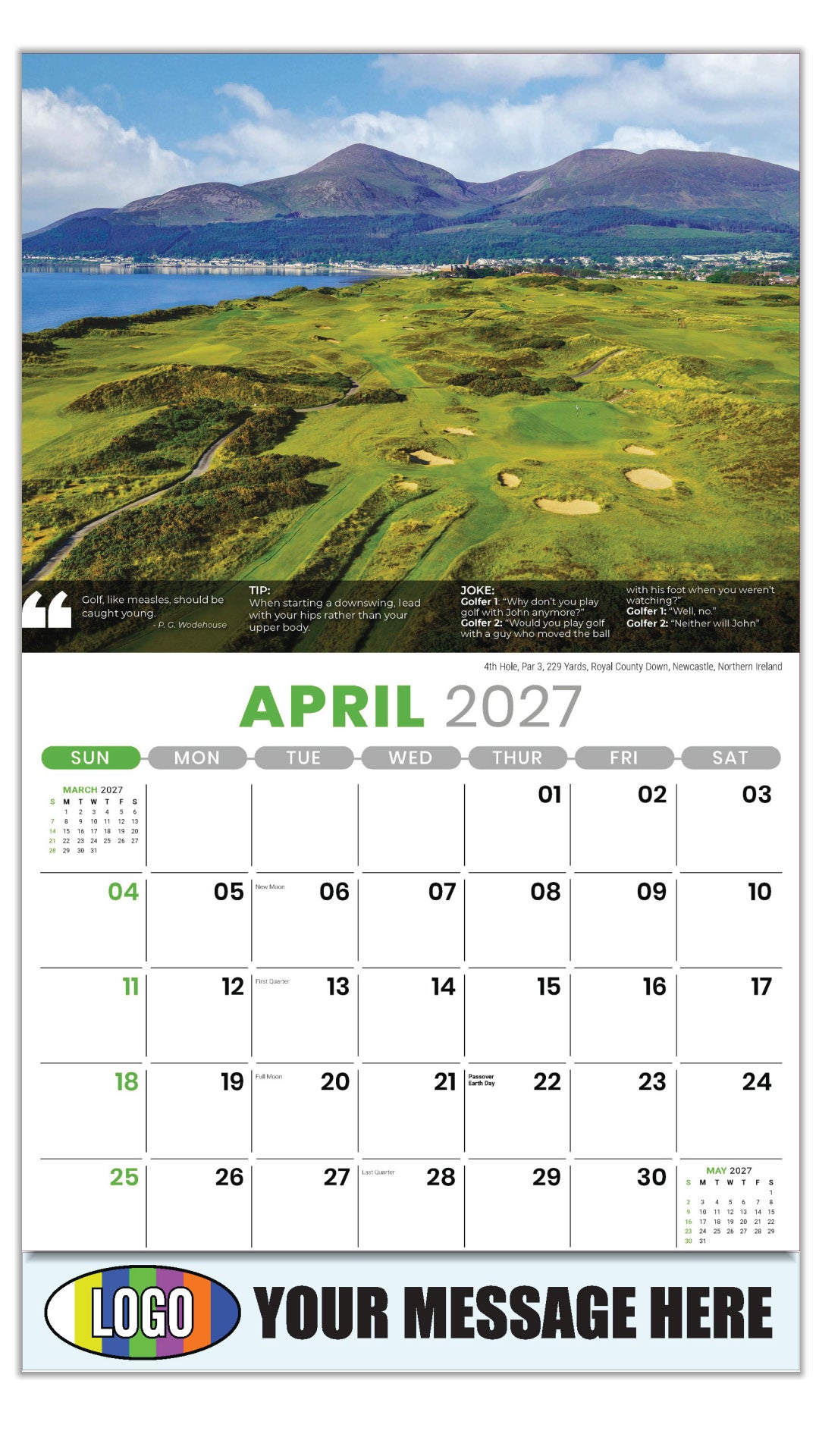 2027 Business Advertising Calendar - Golf Tips - 4th Hole, Par 3, 229 Yards, Royal County Down, Newcastle, Northern Ireland  - April