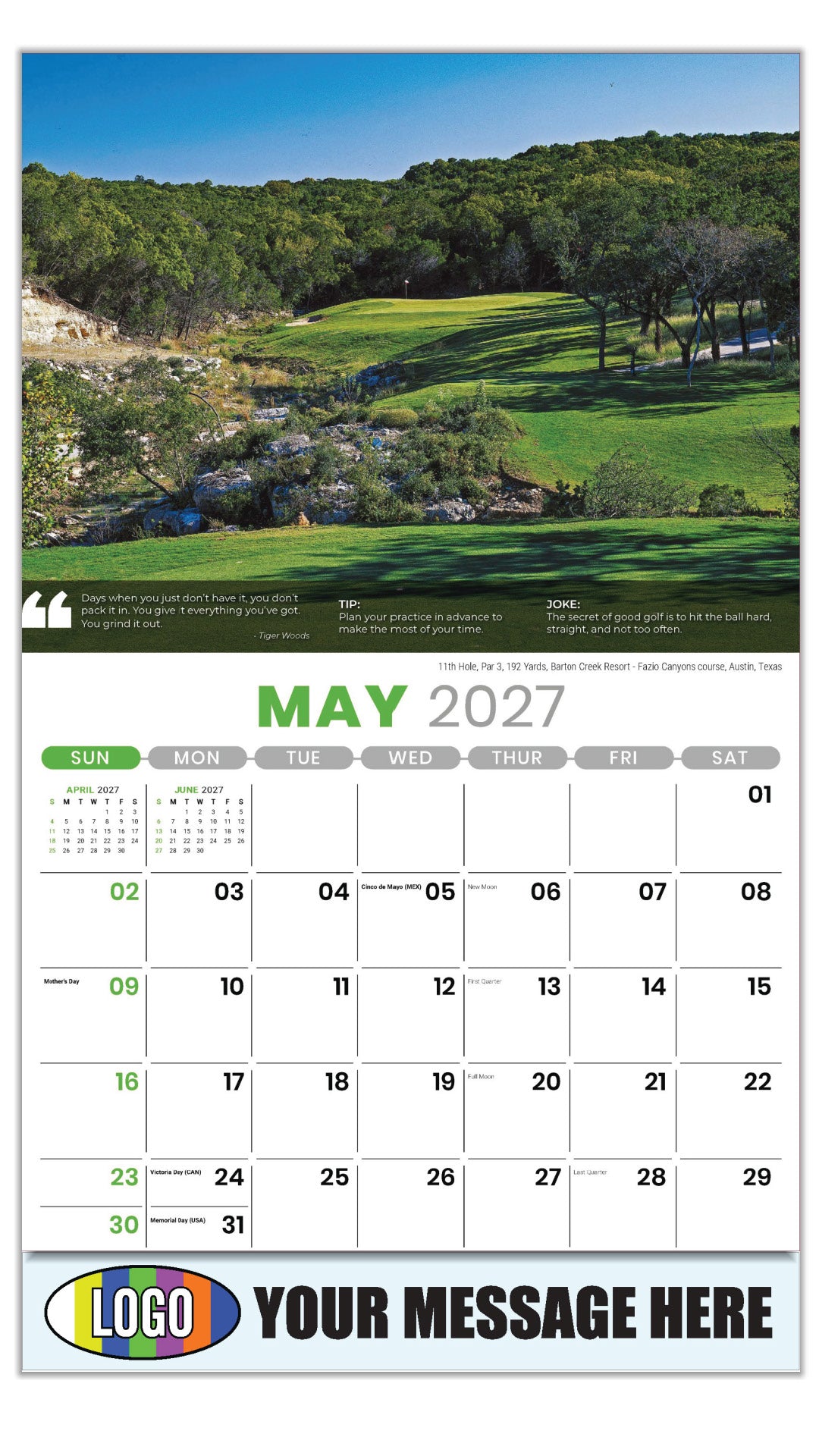 2027 Business Advertising Calendar - Golf Tips - 11th Hole, Par 3, 192 Yards, Barton Creek Resort- Fazio Canyons Course, Austin, Texas - May