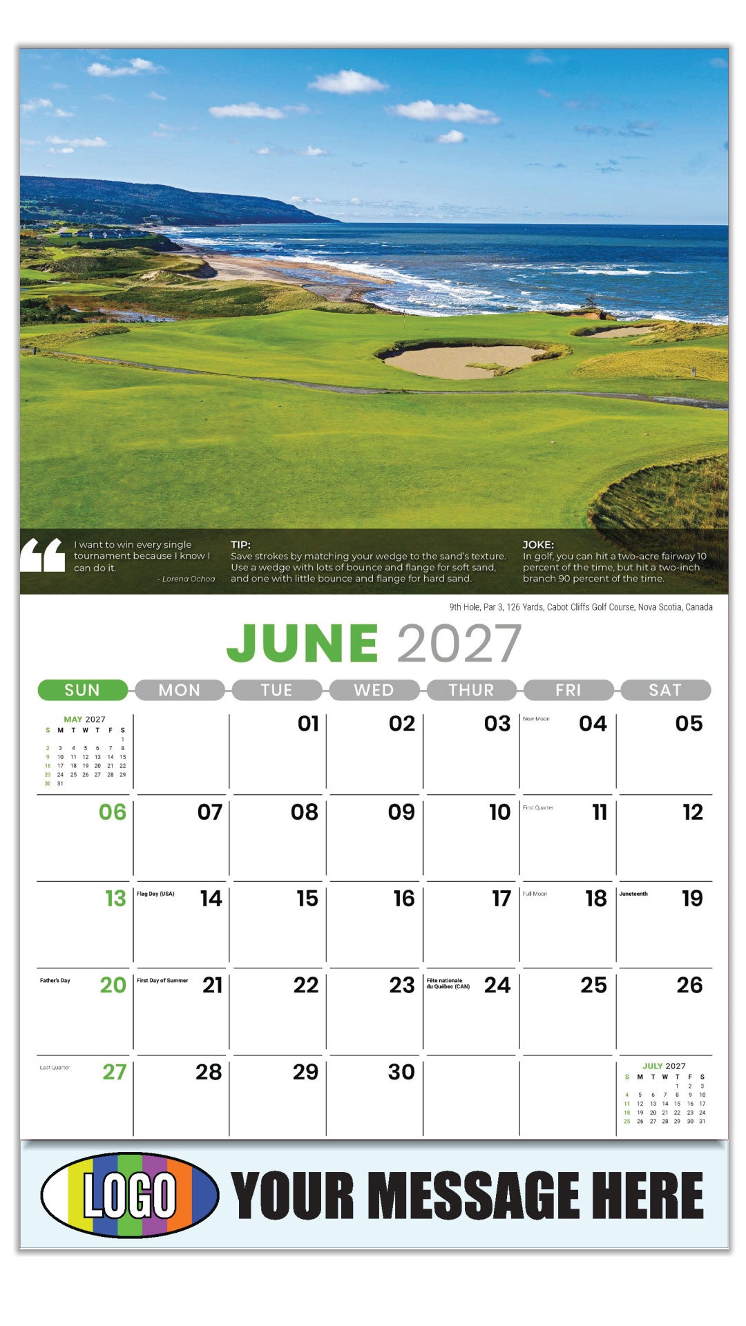2027 Business Advertising Calendar - Golf Tips - 9th Hole, Par 3, 126 Yards, Cabot Cliffs Golf Course, Nova Scotia, Canada - June