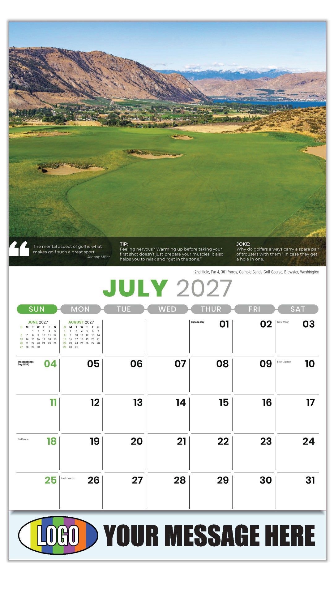2027 Business Promo Calendar - Golf Tips - 2nd Hole, Par 4, 301 Yards, Gamble Sands Golf Course, Brewster, Washington - July